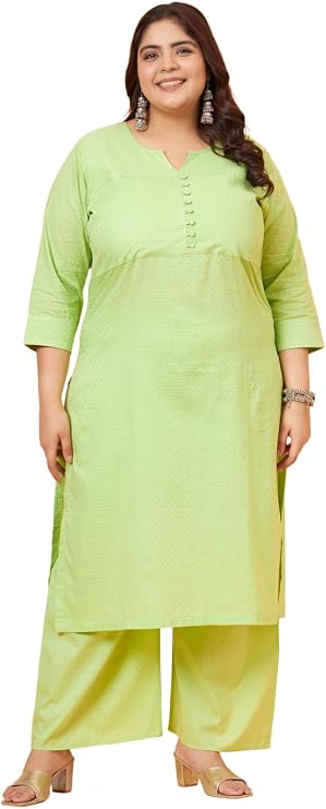 Tissu Women's Plus Size Green Pure Cotton Kurta with Palazzo
