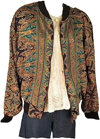 Womens | Silk | Basebal l Jacket | Paisley | Full Zipper | Pockets| Lined | Navy & Gold | S > M