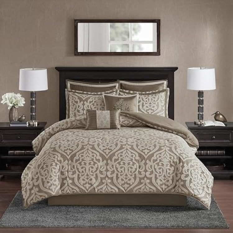 Madison Park Odette Cozy Comforter Set Jacquard Damask Medallion Design - Modern All Season, Down Alternative Bedding, Shams, Decorative Pillows, Queen90 in x 90 in, Tan 8 Piece