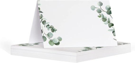 Manta Makes Eucalyptus name place cards | white and green folded table name cards for party reception birthday 50 pieces | name cards for table setting | wedding name cards | (Eucalyptus)