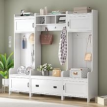 BNSPLY White Entryway Coat Rack with Storage, 7 Hooks, 4 Cabinets, 1 Drawer, Open Shelves, Large Mudroom Bench with Shoe Storage