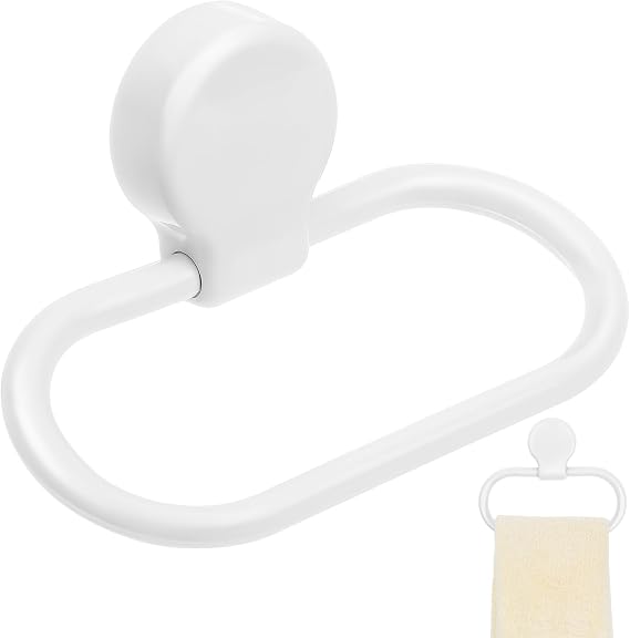 Adhesive Towel Holder, White Hand Towel Holder for Wall Mounted, Plastic Oval Shower Washcloth Hanger Ring for Bathroom