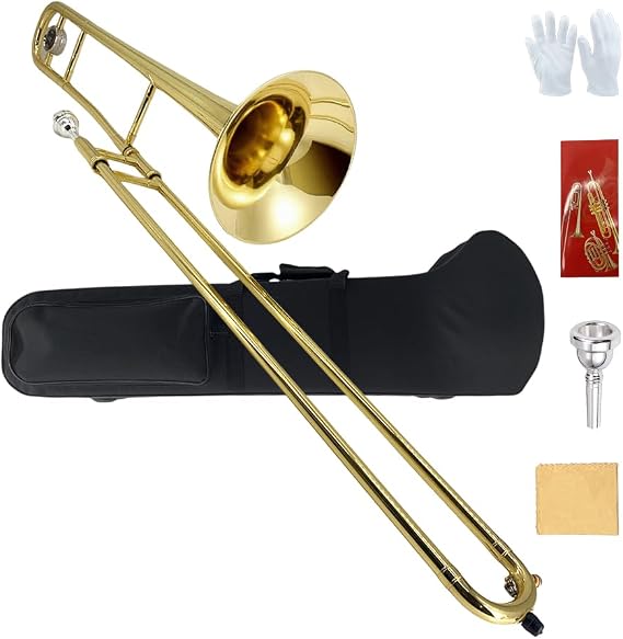 Bb Tenor Slide Trombone B Flat Brass Trombone with Gold Lacquer Finish- Includes Hard Case, Mouthpiece & Cleaning Kit Fit for Musicians and Beginners(12.7 mm & 205 mm)