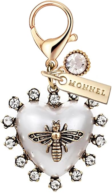 MC437 3D Crystal Love Heart Honey Bee Lobster Clasp Charm for Women with Velvet Bag (White and Bronze,1 Piece)