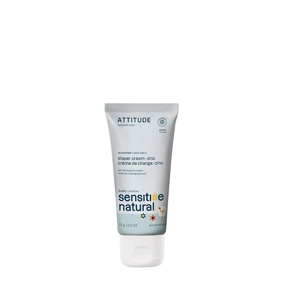 ATTITUDE Diaper Cream with Zinc & Oatmeal for Baby with Sensitive Skin, Plant and Mineral Based, Dermatologically Tested, Vegan, Unscented, 2.6 Oz