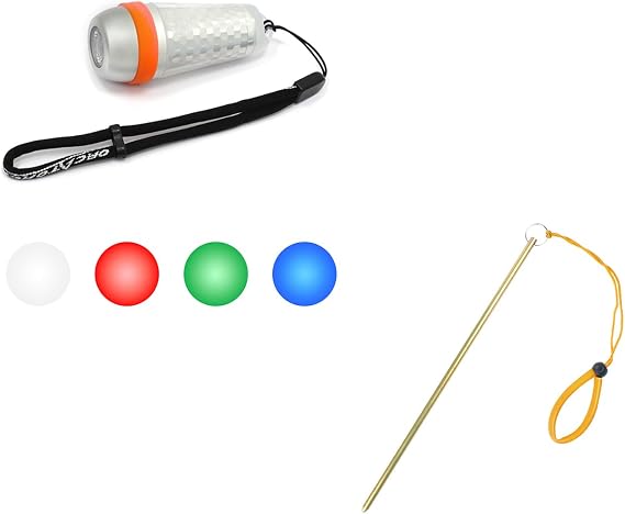 ORCATORCH SD03 Dive Beacon 4-Color-in-1 (Blue, Red, White, Green) & 13 inches Scuba Diving Pointer Aluminum Alloy Lobster Tickle Pointer (Yellow) Combo