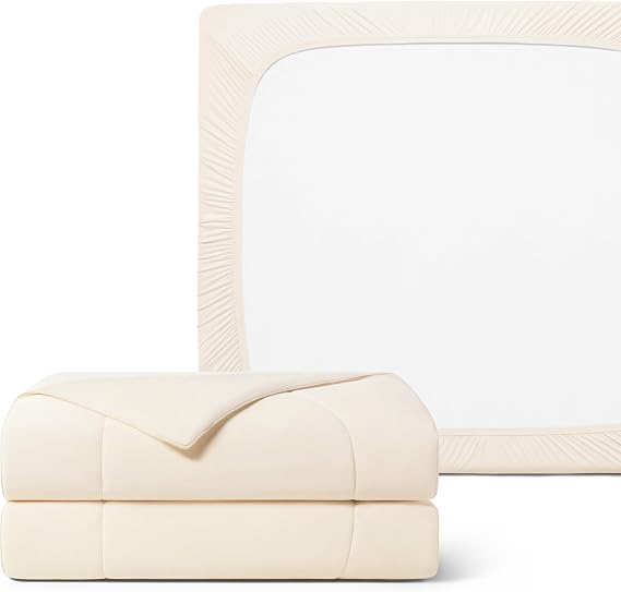REST Buy 2 GET 30 Percent Off: Evercool Comforter Plus Fitted Sheet Bundle at 30% Discount, in Snow Ivory, Queen Size