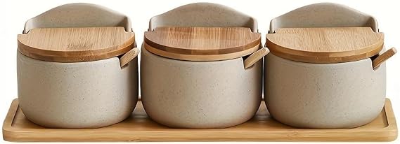 3PCS Ceramic Spice Jars Set - Round Condiment Containers with Bamboo Flip Lid & Spoon, Handmade Salt Storage for Kitchen Counter, Stylish Seasoning Organizer
