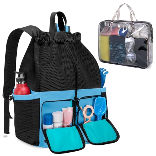 Fasrom Mesh Beach Bag Backpack with Waterproof Bag and Pocket, Large Drawstring Swim Backpack for Travel, Gym and Pool Sports