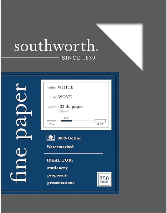 100% Cotton Business Paper, White, 32 lbs, 8-1/2 x 11, 250/Box