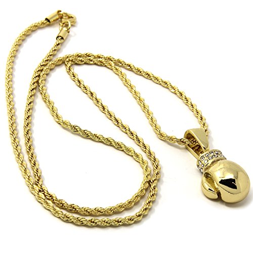 Gold Plated Mini Ali Boxing Gloves Hip-Hop Pendant 3mm 24 Rope Chain Necklace D509
