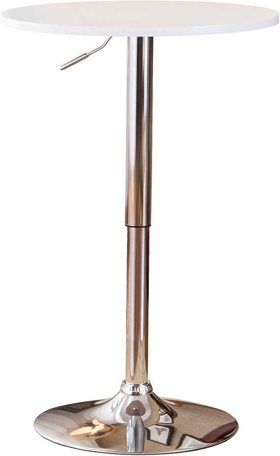 Roundhill Furniture Adjustable Height Wood and Chrome Metal Bar Table, White