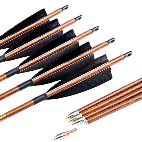 Archery Traditional Arrows 300 400 500 600 Spine Turkey Feather 30 32 Inch Carbon Shafts for Recurve Longbow Compound Bows Hunting Targets 12PCS