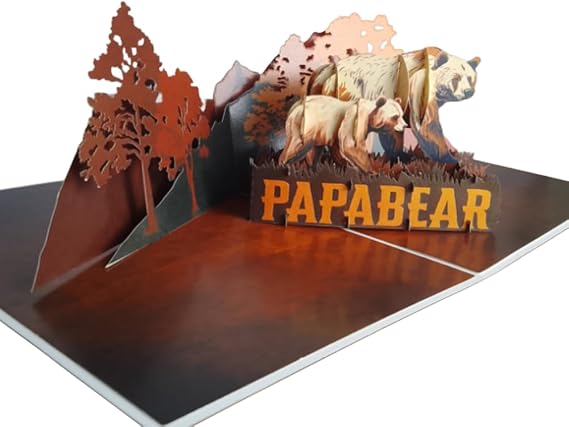 Papa Bear Pop-Up Card Handmade 3D Fathers Day Card for Dad, Husband, Grandpa Unique Bear Design, Birthday Gift for Men Includes Envelope & Note Tag