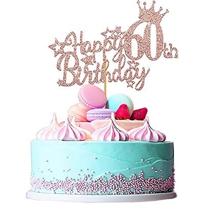 Ufocusmi 60th Birthday Decorations for Women, Glitter Rose Gold Happy 60th Birthday Cake Topper, 5.9x4.75 inch