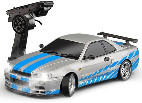LD1899 1/18 Scale RC Drift Car, GTR R34 2.4GHz RWD Mini Model Car with Gyro, Alloy Body Shell Racing Cars for Adults Toys (Silver-Blue)