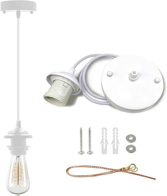 Industrial Mini Pendant Light Kit, UL E26 Lamp Socket, White | Adjustable Hanging Light Kit for Kitchen, Edison Retro Pendant,Mini Ceiling Hanging Light Fixtures,Vintage Pendant Light Cord