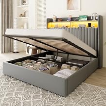Allewie Queen Size Lift Up Hydraulic Storage Bed Frame, 2-Tier Shelf Headboard with LED Lights and Charging Station, USB and Type C Ports, Wingback Velvet Headboard, No Box Spring Needed, Gray