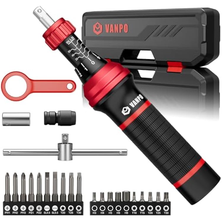 VANPO Torque Screwdriver, 24 Pcs 10-70 Inch Pound Torque Screwdriver Set with Hex, Torx, Phillips, Pozidriv, Schlitz,Bits Adapter, T-Bar Handle for Bike Repair, DIY and Maintenance