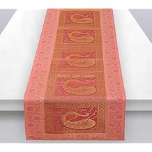Brocade Jacquard Coffee Table Runner Baby Pink Rectangular Bohemian Traditional Living Room Decor Peacock Floral Decorative Center Table Cloth | 60x16 Inches (152 x 40 cm)
