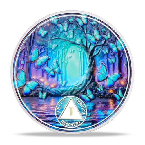 Serenity Prayer Recovery Coin Butterfly Tree Design with Unity, Service, and Recovery Triangles Challenge Coin Sobriety Sober Coin NA AA Chips and Medallions Blue Butterfly Tree, 1 Year