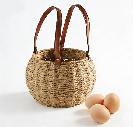 Farmhouse Egg Basket,Large Egg Collecting Basket with Handle,Round Wicker Egg Basket for Gathering and Carrying Fresh Eggs, Egg Holder for Kitchen Countertop,Picnic,Garden