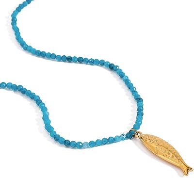 Boho Fish Necklace for Women - Blue Natural Stone Fish Pendant Necklace, Bohemian Beach Jewelry Colourful Jewelry for Summer Vacation