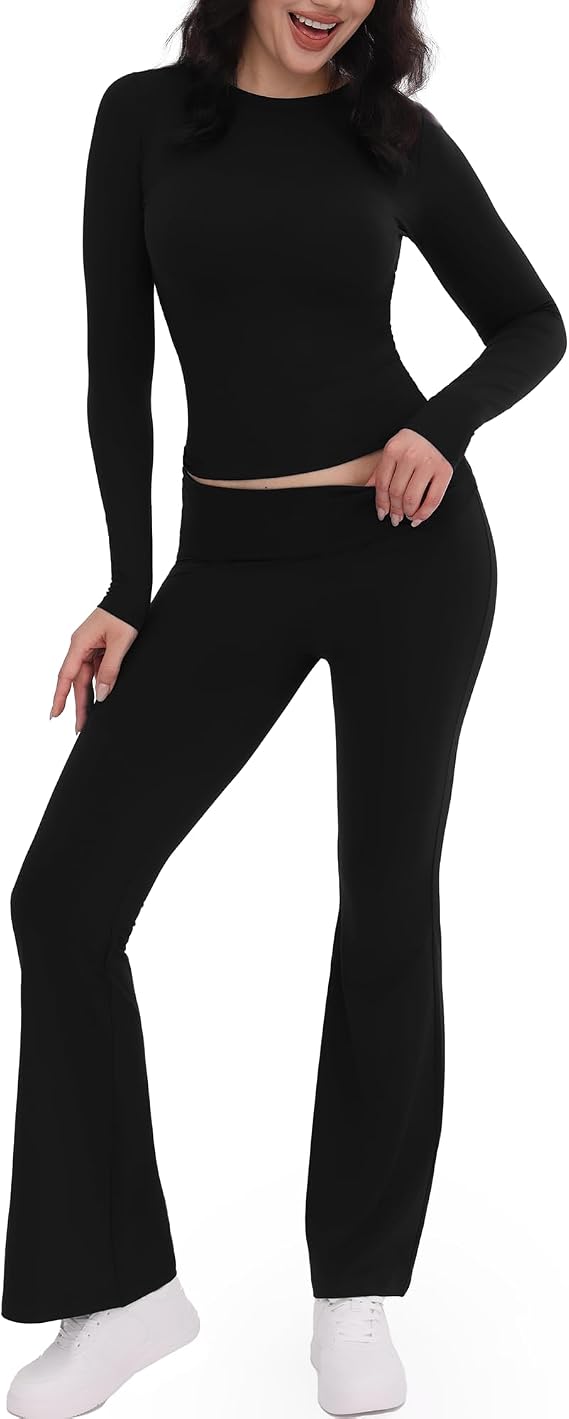 ZOOSIXX Women's Sleepwear Set: Fitted Long Sleeve & Trendy High Waist Flare Pants