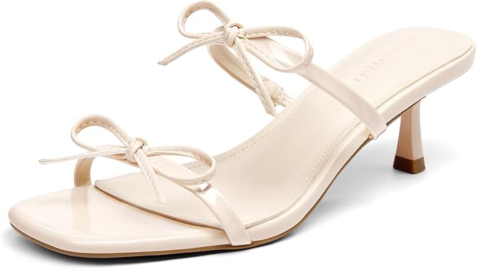 Coutgo Womens Kitten Heels Sandals Bow Square Open Toe Slides Two Strap Slip On Summer Dress Shoes