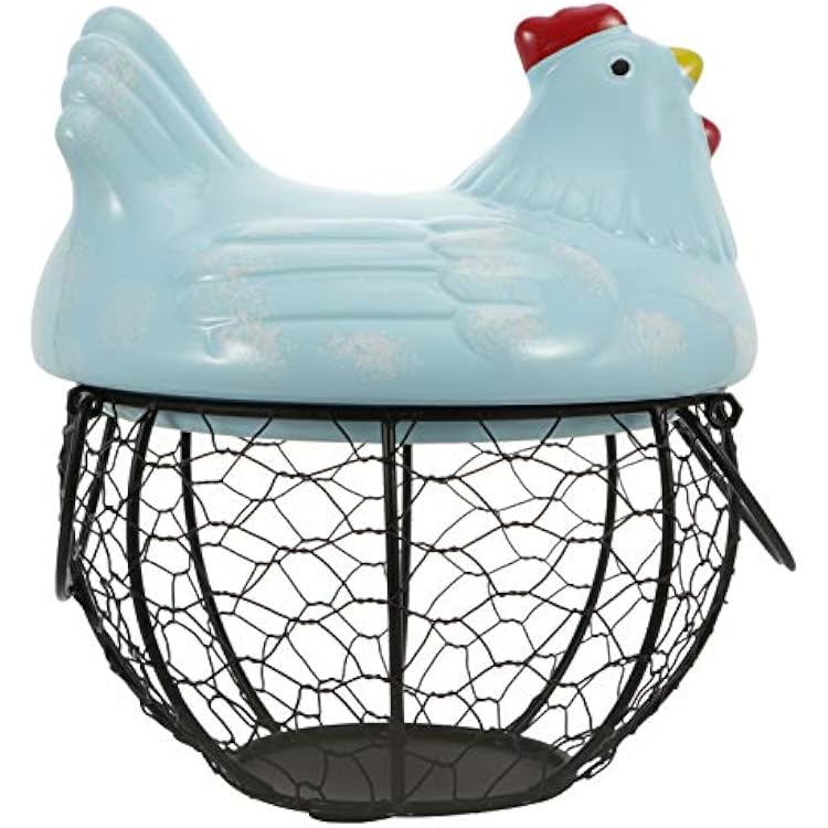 Round Chicken Wire Egg Baskets, Rustic Metal Egg Baskets for Fresh Eggs with Handle, Egg Holder Countertop Basket with Ceramic Lids, Country Farmhouse Vintage Style Gathering