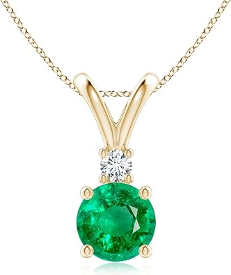 Angara Natural Emerald Solitaire Pendant for Women | Round Emerald Solitaire V-Bale Pendant with Diamond in 14K Solid Gold/Silver/Platinum With 18" Chain | May Birthday, Gemstone Jewelry Gift