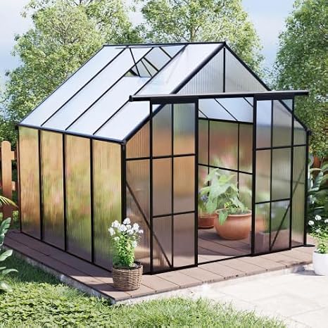 Double Door Polycarbonate Greenhouse Raised Base and Anchor Aluminum Heavy Duty Walk-in Greenhouses for Outdoor Backyard in All Season Black (Black, 88FT)