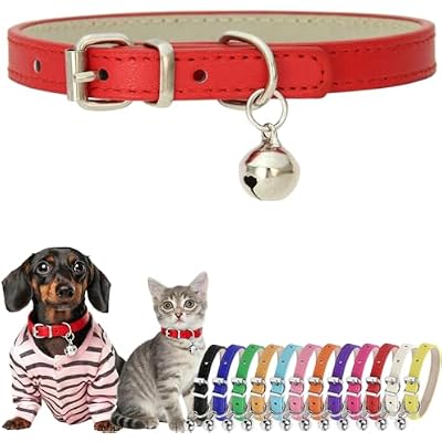 Red XXS Dog Collar with Bell, PU Leather Dog Bell Collar Girls Kitten Collars for XXSmall XSmall Small Medium Pet Female Dogs Little Cats Tiny Animals, XXS