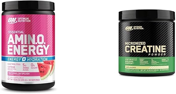 Optimum Nutrtion Bundle: Amino Energy Powder Plus Hydration, with BCAA, Electrolytes, and Caffeine, Watermelon Splash, 30 Servings + Micronized Creatine Monohydrate Powder, Unflavored, 60 Servings