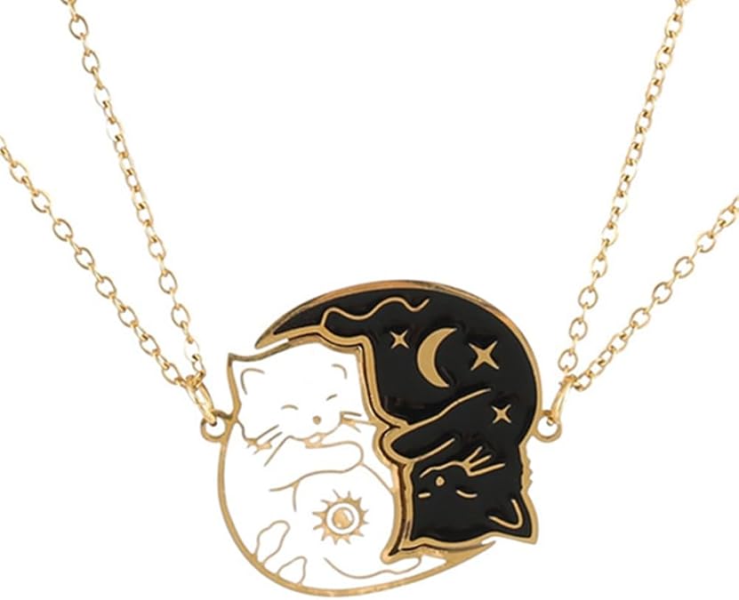Charm Stainless Steel Black White Cat Necklace 2Pcs Matching Couple Pendant BFF Jewelry Gift for Women