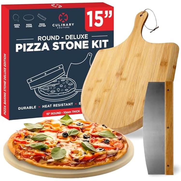 3PCS Round Pizza Stone for Oven Set 15 -  with Pizza Peel for Oven and Cutter - Cordierite Stones for Bread, Calzone, Cookies