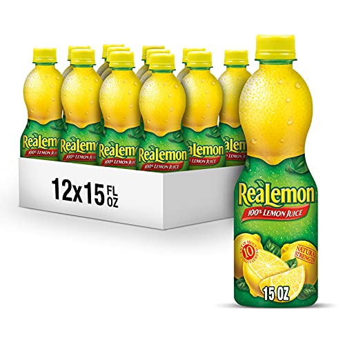 ReaLemon 100% Lemon Juice, 15 fl oz bottle Pack of 12, Made with Lemon Juice from Concentrate, Gluten-Free, Sodium Free, Perfect Mixer to add to Cocktails and Marinades