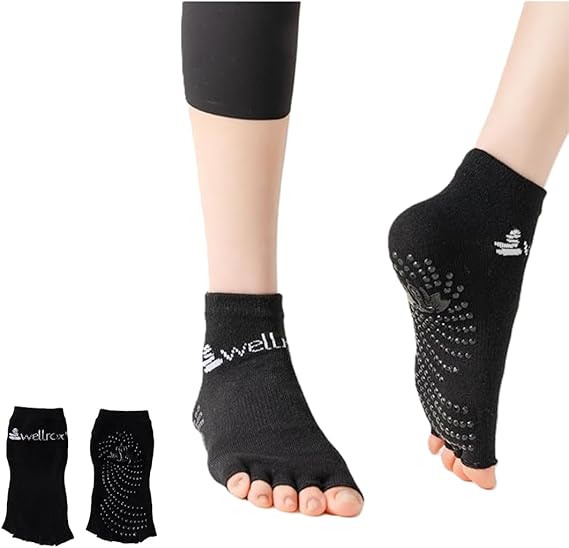 Wellrox Toeless Yoga Socks With Grips for Women, Open Toe Pilates Socks