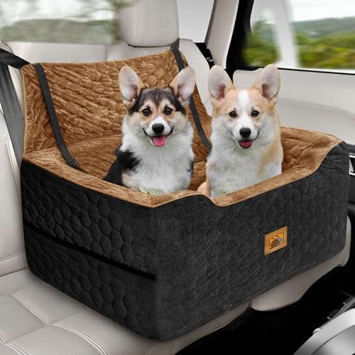 Dog Car Seat for MediumLarge Dog Booster Seat Under 60 lbs or 2 Small Dogs, Multi-Functional Pet Car Seat with Thick Cushion, 2 Safety LeashesBlackBrown