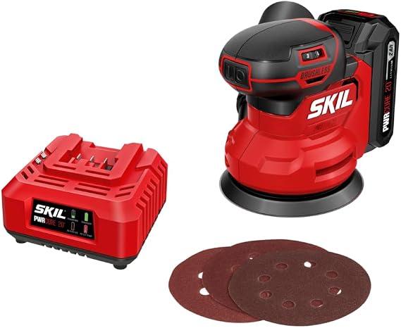 SKIL PWR CORE 20V Brushless Random Orbital Sander Kit Including 2.0Ah Battery and Charger-SR7603B-10