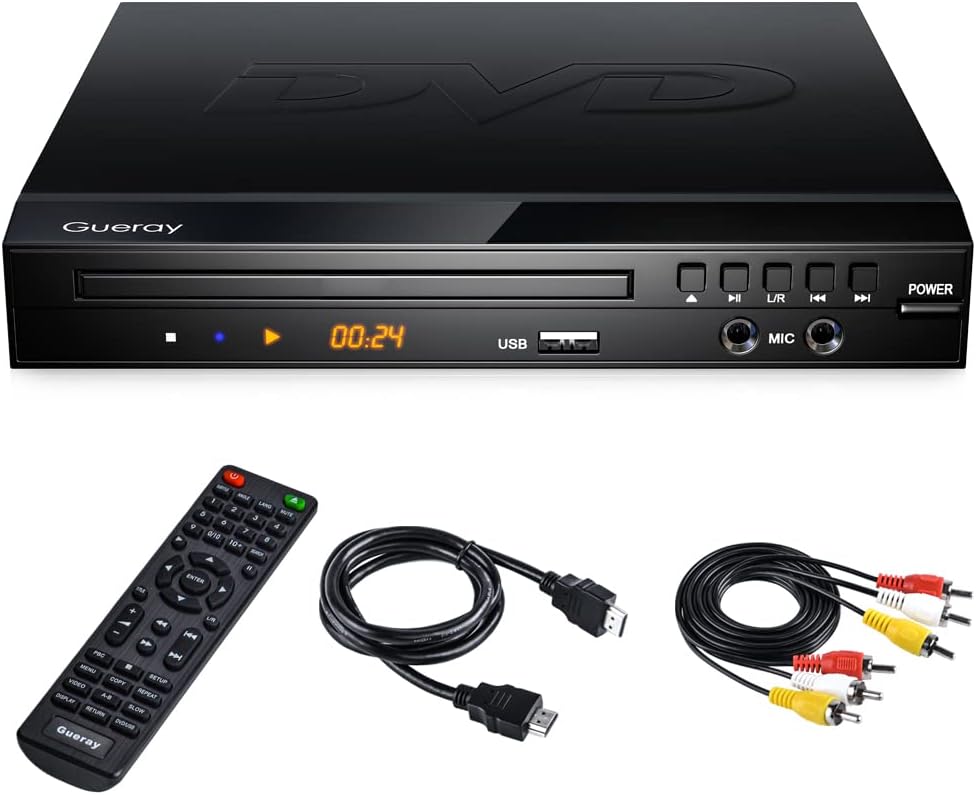 Gueray DVD Player Region Free DVD Player for TV, Upgraded CD DVD Disc Player with Remote Control, HDMI-CompatibleFull HD 1080pAV OutputSupport USB 2.0Double MIC Port, Compact DVD Player for Home