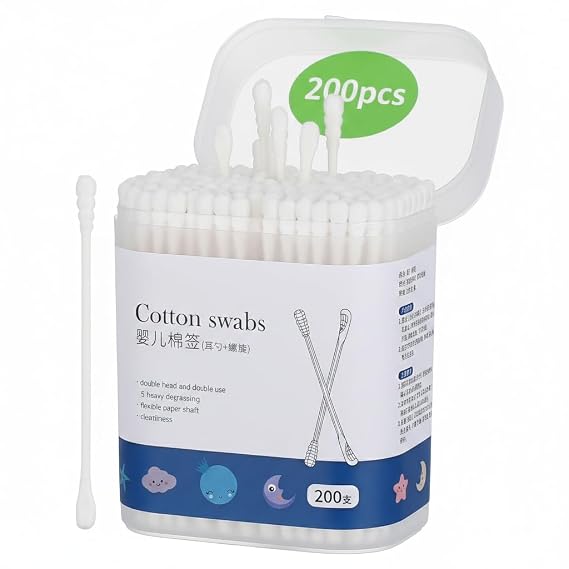 Kisangel 200Pcs Baby Cotton Swabs Paper Double-End Cotton Buds Cotton Ear Cleaners Safety Swabs Cleaning Sticks for Ear Nose Clean
