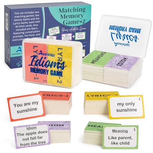 Assistex 2 in 1 Matching Memory Card Games for Seniors - Brain Game for Dementia Patients - Adult Memory Game for Seniors - Lyric and Idiom Cards for Alzheimer and Dementia Patients, 40 Cards Each