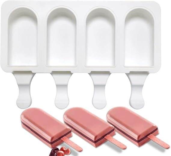 1 Pack Cute Elliptic Shape Popsicle Molds Silicone Ice Pop Molds 4 Cavities Popsicle Molds for Kids Adults Ice Cream Mold Cakesicles Mould DIY Popsicle Maker Homemade Popsicle Silicone Molds O