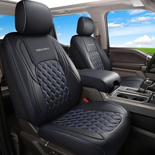 Huidasource Truck Seat Covers Fit for Chevy Silverado GMC Sierra 1500 2007-2013 & 2019-2025, 2500HD 3500HD 2020-2025 Crew Double Extended Cab Pickup Leather Car Seat Cover Full SetBlack&Blue