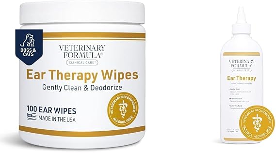 Veterinary Formula Clinical Care Ear Therapy Bundle with Cleaner Solution 8 Fl Oz + Cleaner Wipes 100 ct Cat & Dog Ear Cleaner, Helps Soothe Itchiness and Clean The Ear Canal of Debris and Buildup