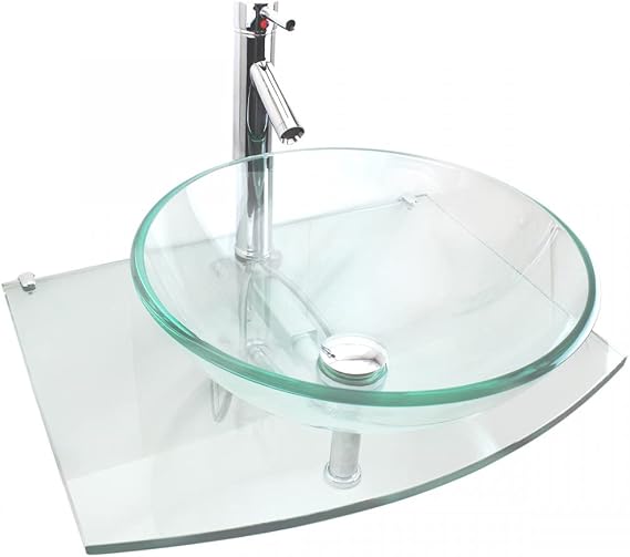 Renovators Supply Manufacturing Halo Glass Wall Mount Bathroom Sink 23 3/4 in. Tempered Glass Round Wall Hung Vessel Sink with Chrome Faucet and Sink Drain Medium