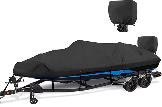 1200D Waterproof Boat Cover 17'-19' L X 96" Beam Width, Black | Fits 17 foot 18ft 19 ft Bass Tracker Boat, Heavy Duty, UV & Tear-Resistant, Air Vents, 11 Straps & Motor Cover