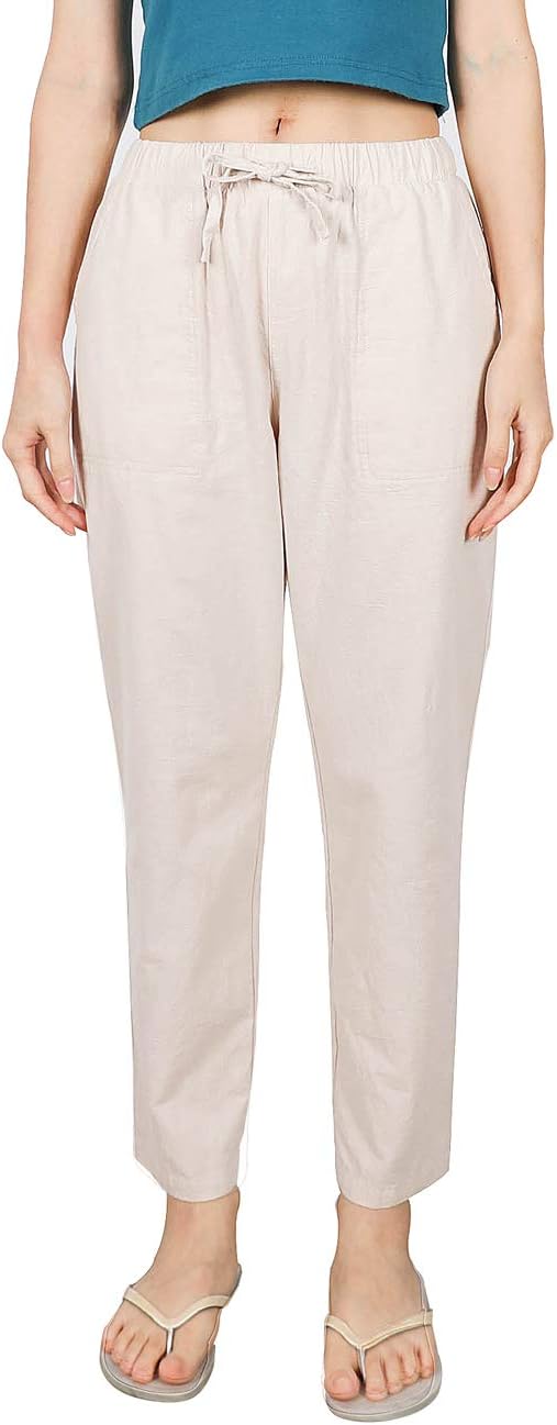 Womens Linen Pants for Summer Drawstring Soft Cropped Linen Cotton Pants Elastic Waist