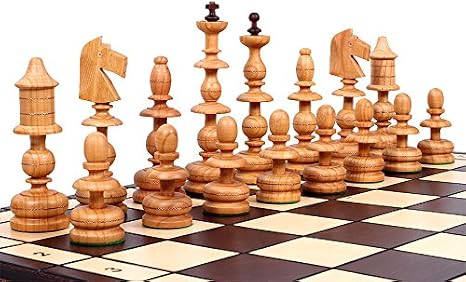 The Alcazar Chess Set an Unique Hand Crafted Wood Chess Pieces with a 5 inch King, 22.8 inch Wooden Chess Board that Folds for Chess Piece Storage